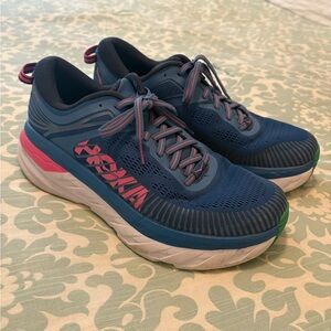 Hoka Bondi 8s in pink and blue